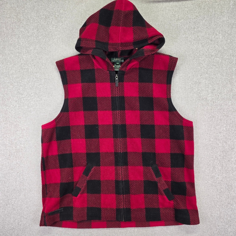 Lauren Ralph Lauren Womens 3X Buffalo Plaid Fleece Hooded Vest Red Black